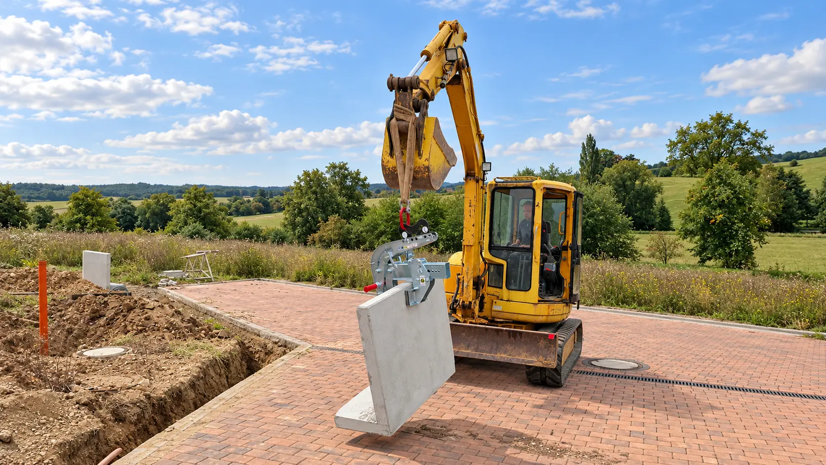 Bagger bei Tiefbauarbeiten auf einem Grundstück im Neubaugebiet